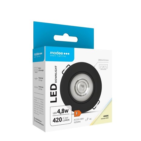 Modee LED inbouwspot Zwart- 4,8W - 420lm - 4000K - Kantelbaar - Niet Dimbaar - D80xH32mm Modee LED inbouwspot Zwart- 4,8W - 420lm - 4000K - Kantelbaar - Niet Dimbaar - D80xH32mm