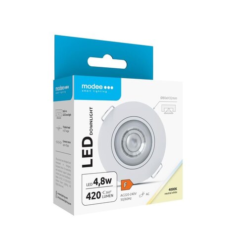 Modee Lighting LED inbouwspot Wit- 4,8W - 420lm - 4000K - Kantelbaar - Niet Dimbaar - D80xH32mm Modee Lighting LED inbouwspot Wit- 4,8W - 420lm - 4000K - Kantelbaar - Niet Dimbaar - D80xH32mm