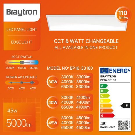 Brayton LED-panel 120x30cm - 30/40/45W 110lm p/w - CCT - UGR<22 Brayton LED-panel 120x30cm - 30/40/45W 110lm p/w - CCT - UGR<22