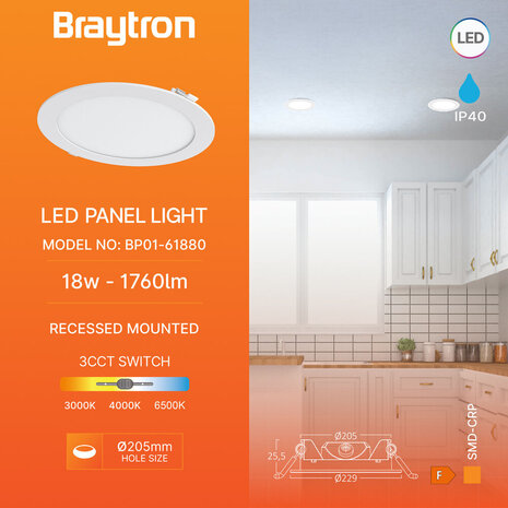 Braytron LED indbygningsspot - 18W 1760lm - 3 i 1 CCT - Udskæring 205mm - Udvendig størrelse 229mm - Rund - IP40