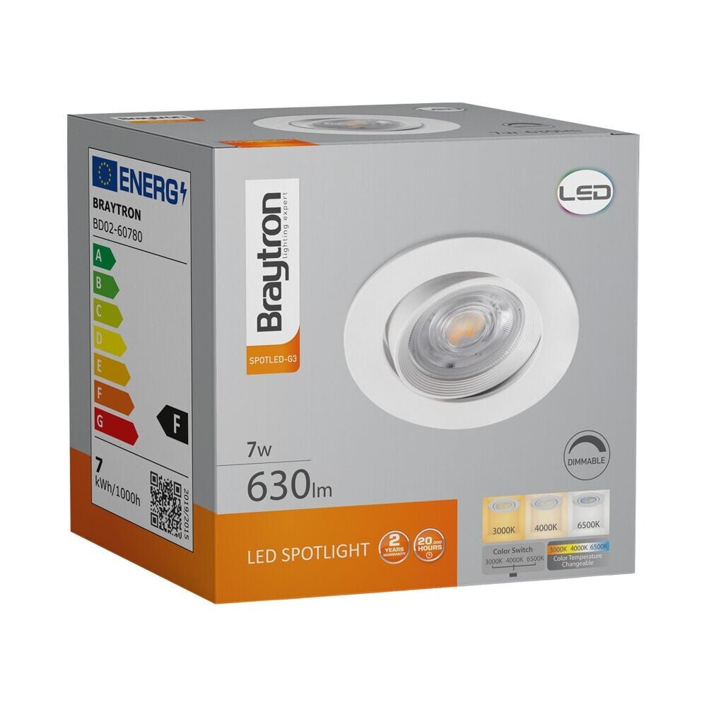 Braytron LED-downlight - 7W dæmpbar - huldiameter 70 mm - Justerbar lysfarve - Mat hvid
