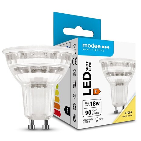 Modee Lighting LED Spot GU10 - 1W - 2700K Varm hvid - erstatter 10W - I glas