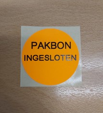 Waarschuwingsetiketten rond 50 mm "PAKBON INGESLOTEN" fluor oranje, 1000 stuk per rol