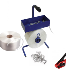 PE Omsnoerband 16 mm - complete set Inhoud: 2 rollen PE band 16 mm + 1x AVT bandspanner + 1x haspel klein + 1 doos metalen gespen 16 mm stuks per set