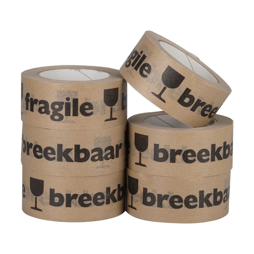 Papieren Waarschuwingstape 50 mm x 50 mtr BREEKBAAR/FRAGILE bruin/zwart, 36 rol/per doos