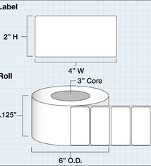 Tuff Coat Hgl. Label 4"x2", High Gloss label 102x51 mm kern 76mm. 1250st per/rol 10 rol per doos