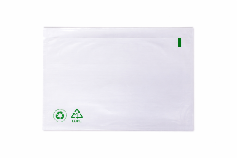 Zelfklevende Paklijst Enveloppen LDPE 60% Recycled (groene recy logo`s) Transparant Type C5 Binnenmaten (mm) 225x165 Doos inhoud 1000 stuks.