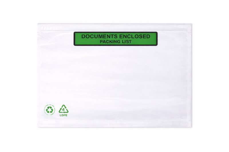 Zelfklevende Paklijst Enveloppen LDPE 60% Recycled (groene recy logo`s) Document Enclosed Type C5 Binnenmaten (mm) 225x165 Doos inhoud 1000 stuks.