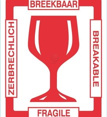 Waarschuwingsetiket 80 x 100 mm "Glas + 4 talen Breekbaar" wit/rood, 500 stuk per rol