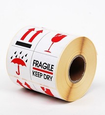Waarschuwingsetiketten 80 x 100 mm "Fragile Keep Dry" wit/rood/zwart, 500 stuk per rol