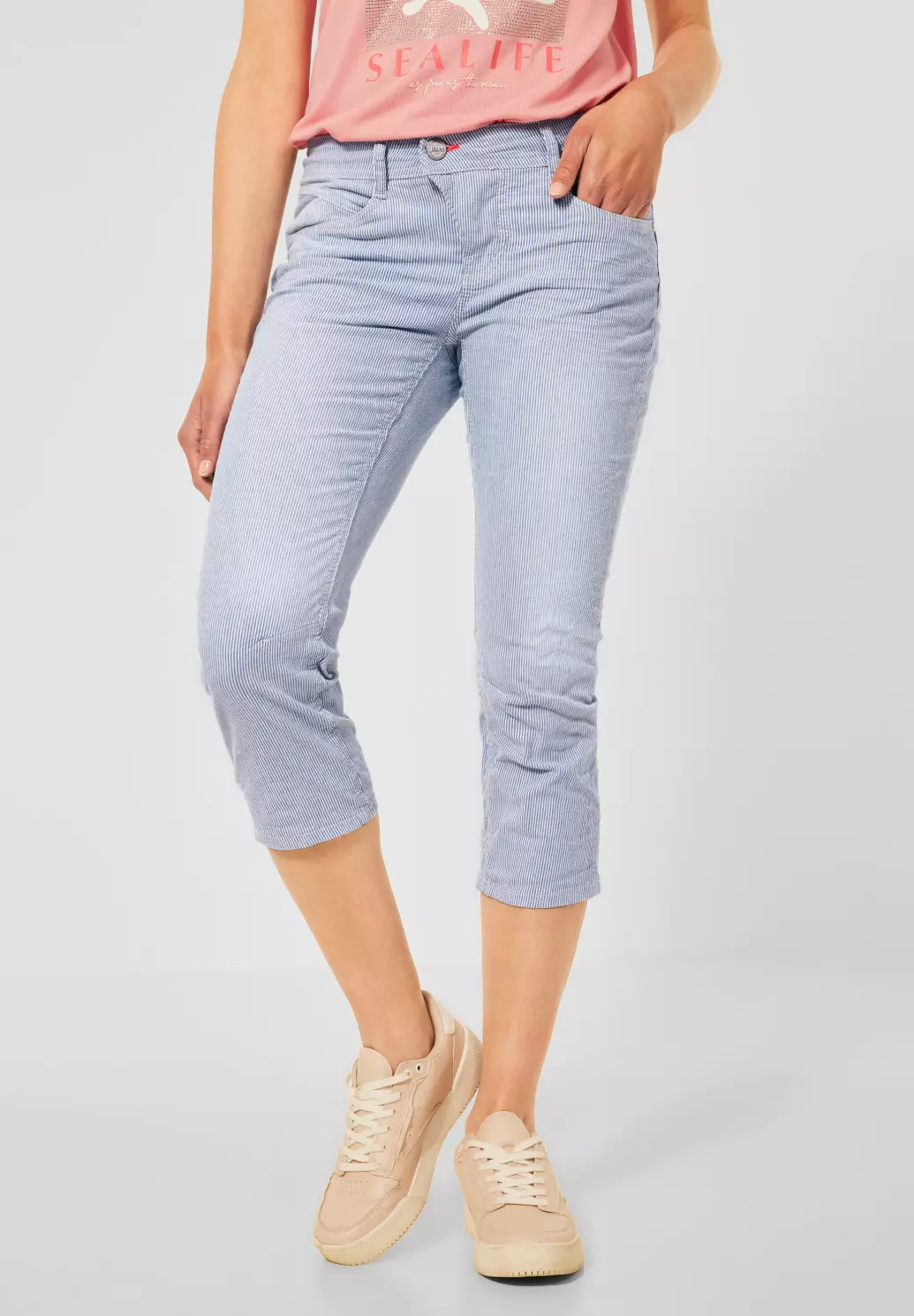 Street One Stripes Washed Cotton Capri - Blues Jane Casual Fit Blue - Jeans