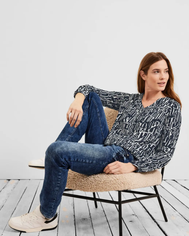 Cecil Blouse with Letter Print - Deep Blue