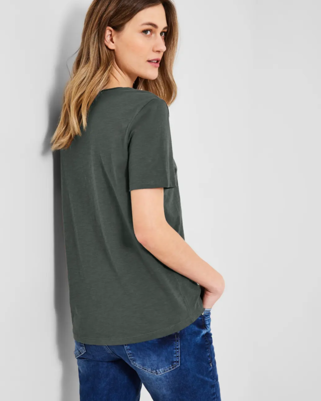 CECIL - Unifarbe - Blues | Cotton Khaki T-Shirt in Easy Basic