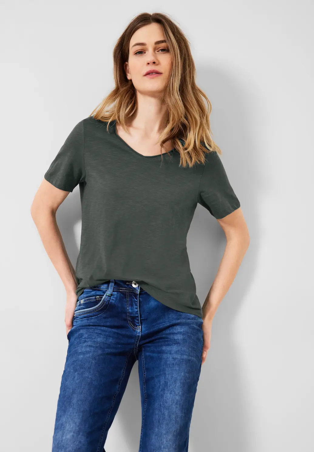 / CECIL Basic Khaki Green T-Shirt Cotton | - - Blues Easy