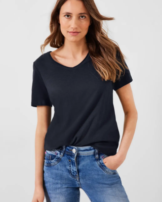 CECIL Basic T-Shirt in Unifarbe Blues - Khaki Cotton - | Easy