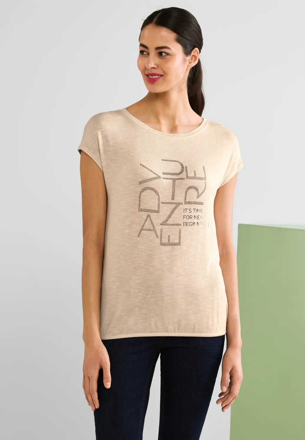 Street One T-Shirt with Stones - Light Smooth Sand Melange | - Cotton Blues