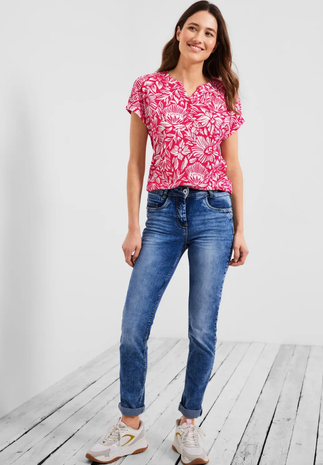 CECIL T-Shirt mit Blumenmuster - Strawberry Red / Rot | - Cotton Blues
