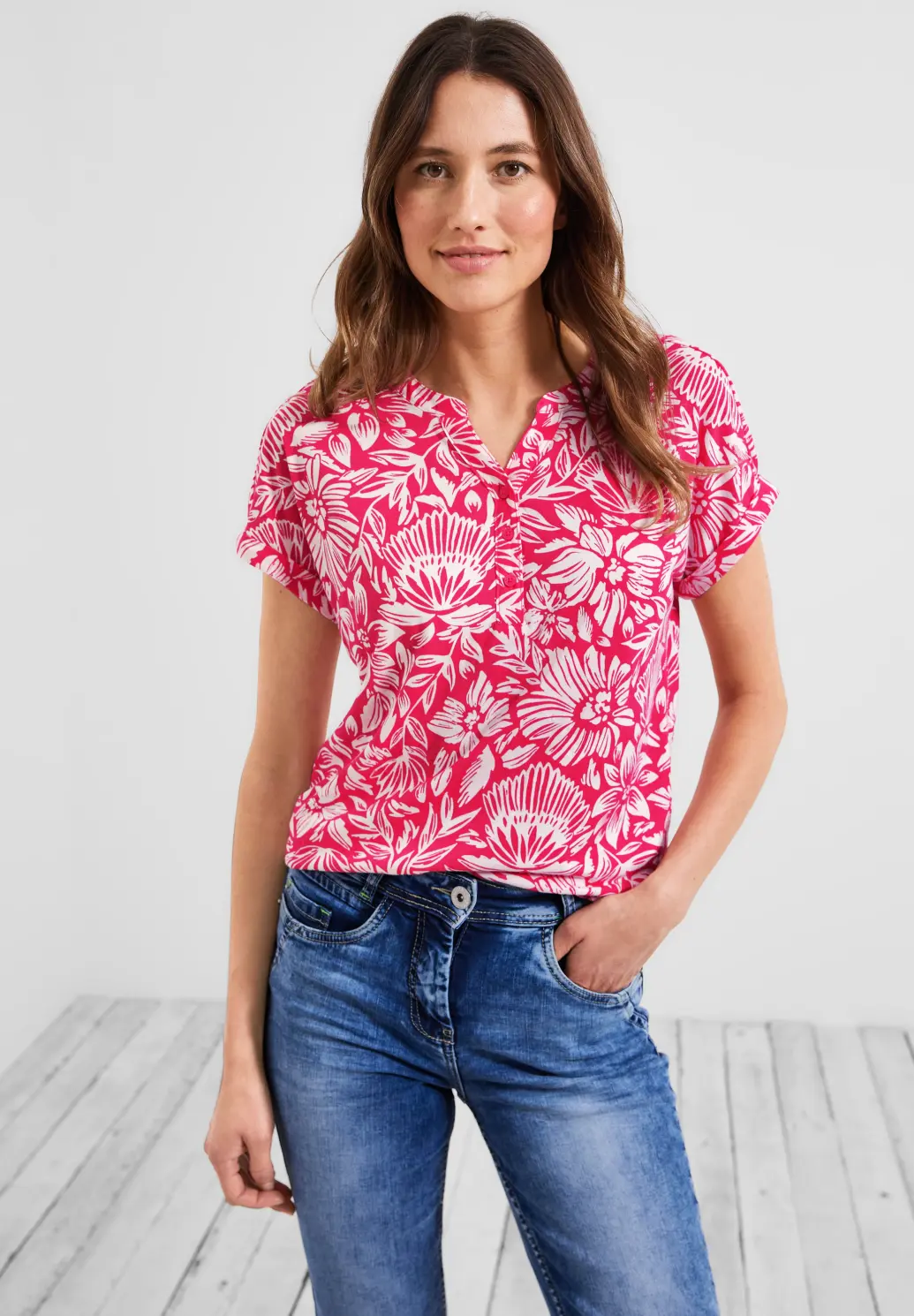 T-Shirt CECIL Blues Rot mit Red / Strawberry Cotton Blumenmuster - | -