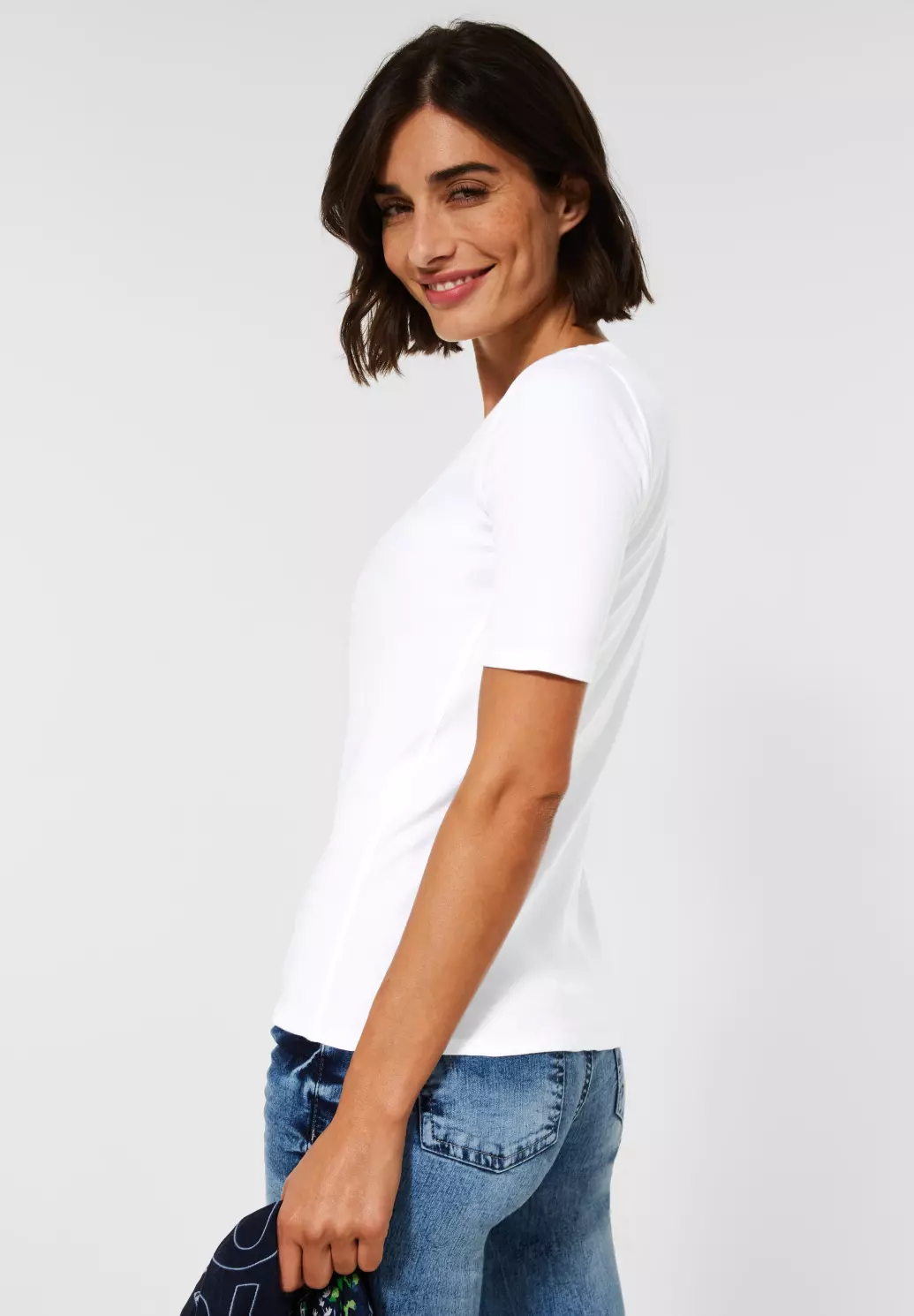 Cecil T-Shirt White Unifarbe Lena Blues Cotton in - 