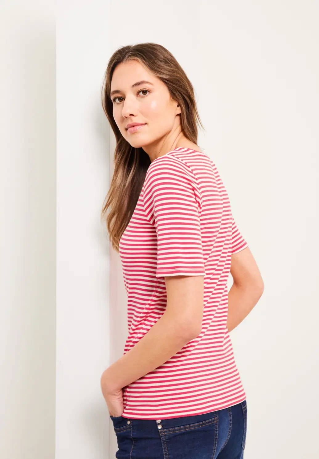 CECIL Gestreept T-Shirt / Lena Blues Cotton - - Strawberry | Rood Red