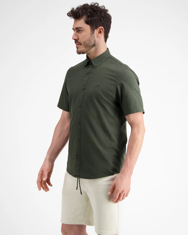 Lerros Overhemd Korte Mouw met Structuur Check - Chilled Olive