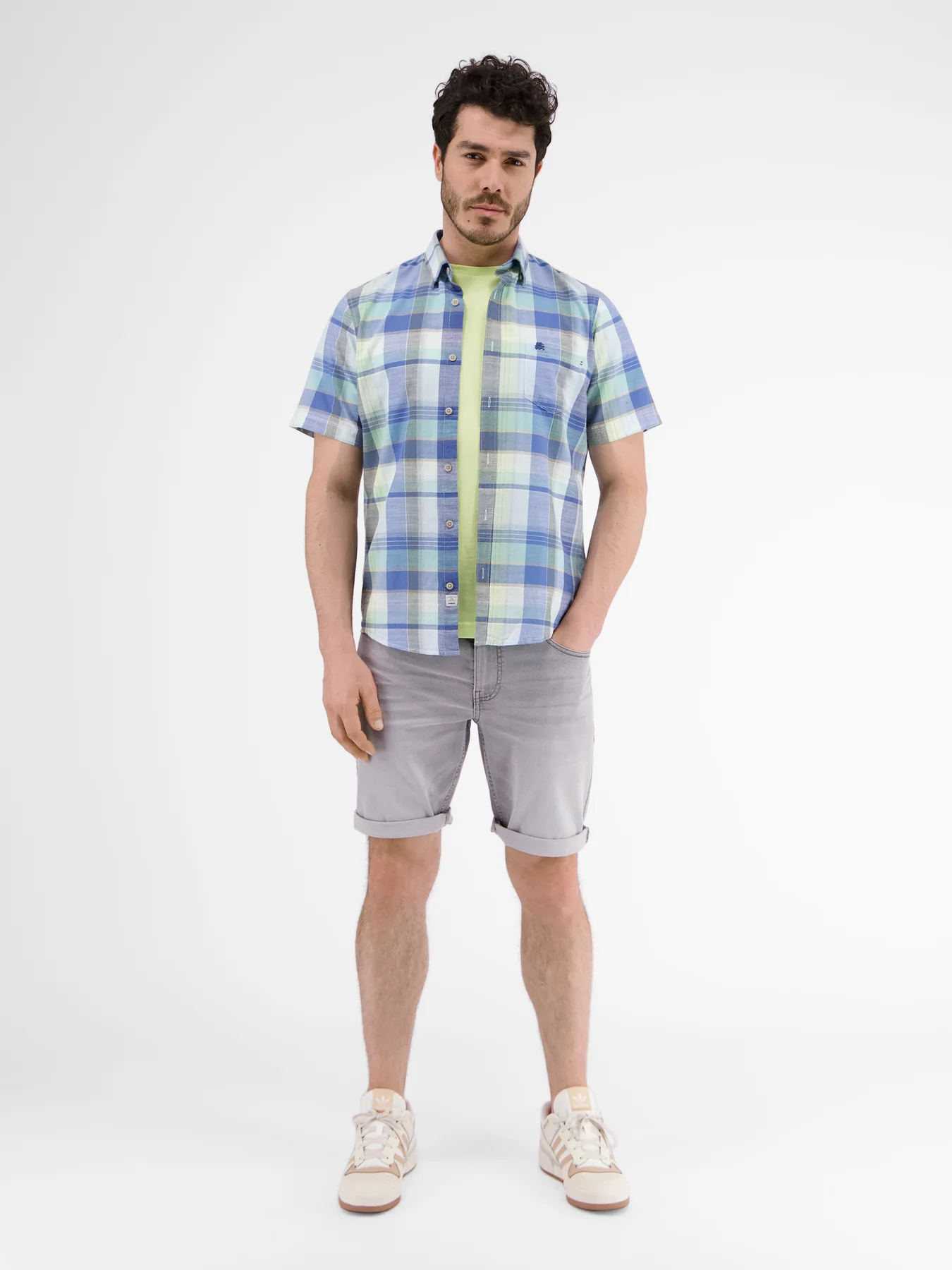 Lerros Ruit Overhemd Korte Mouw - Tinted Aqua