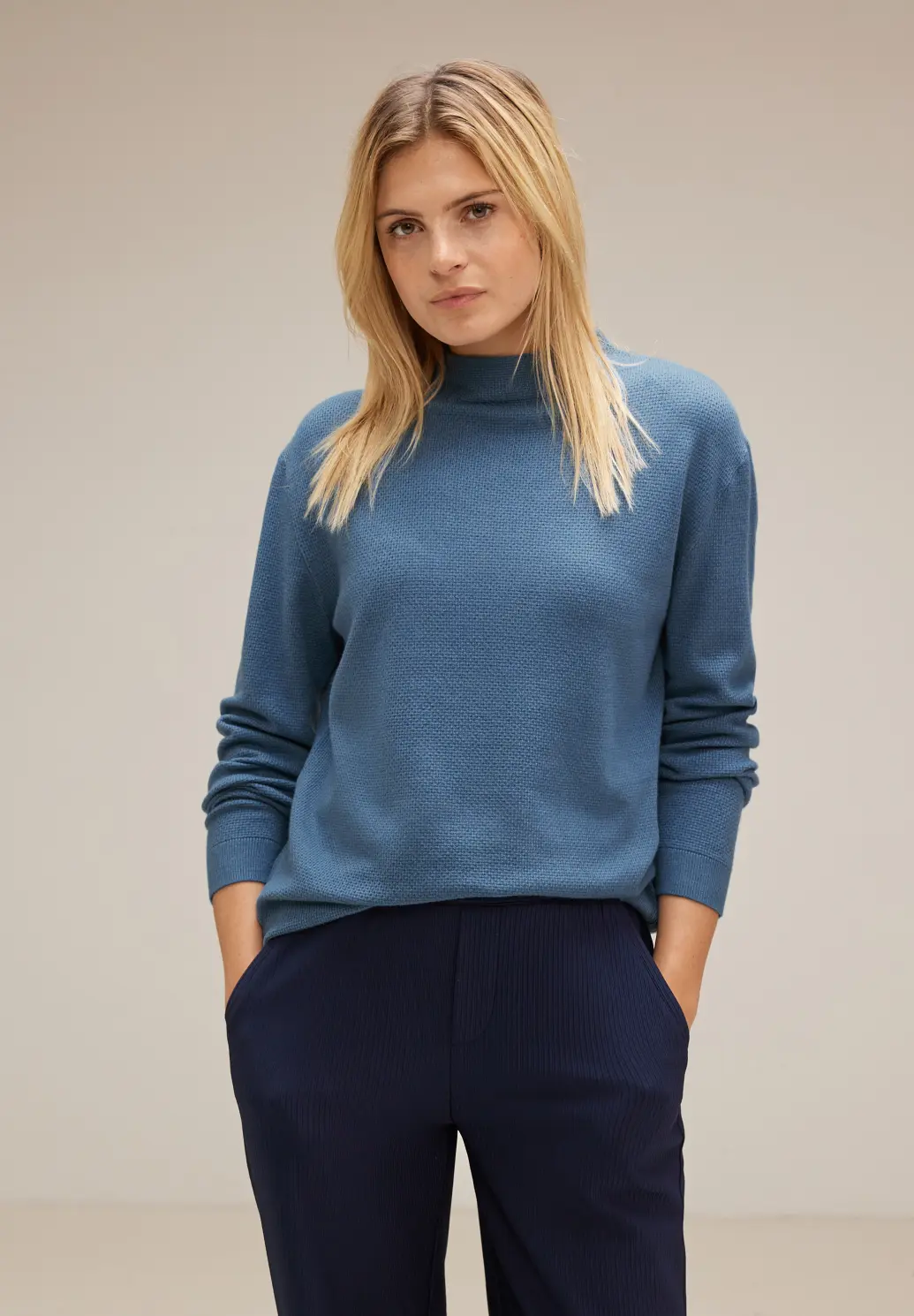 Street One Knit Jumper with Structure - Satin Blue Melange | - Cotton Blues