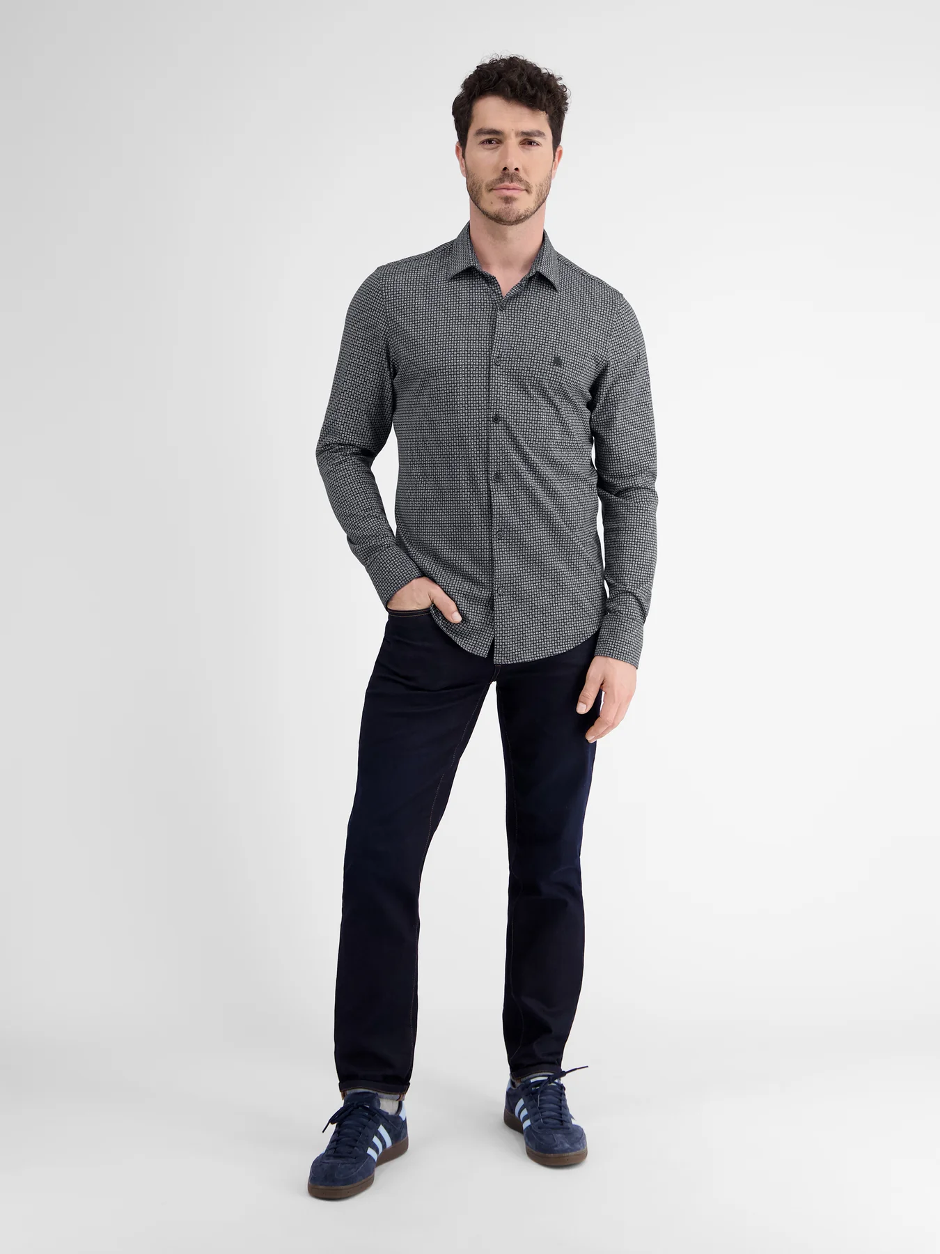 Lerros Jersey Langarm AOP Mini Print Hemd - Classic Navy