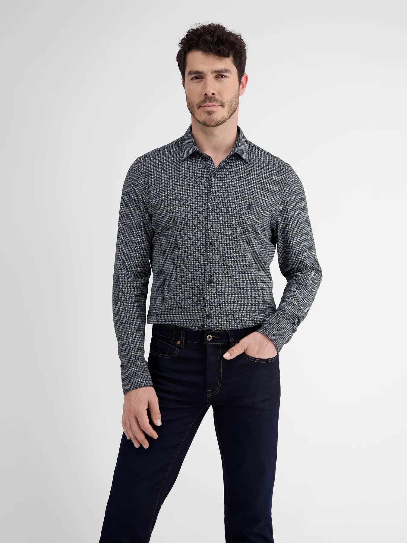 Lerros Jersey Langarm AOP Mini Print Hemd - Classic Navy