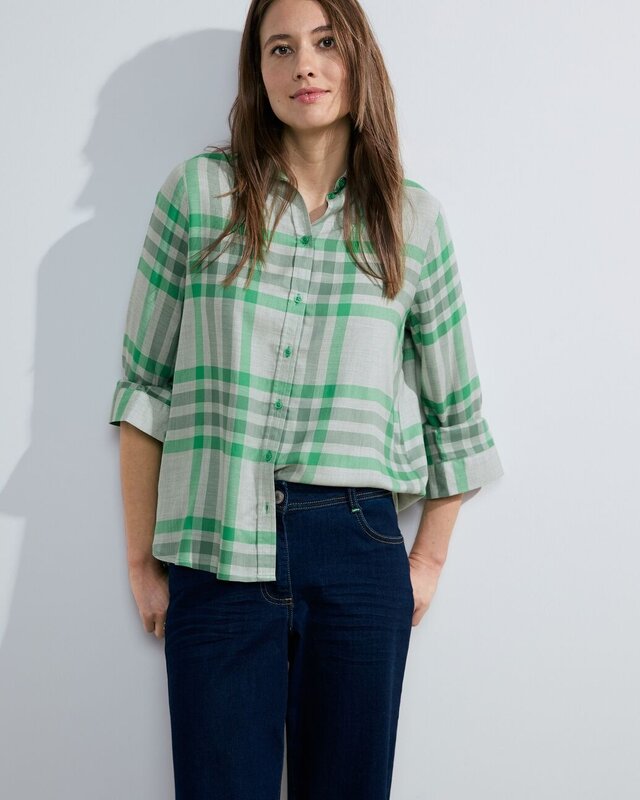 Cecil Viscose Ruitblouse - Real Grey Melange