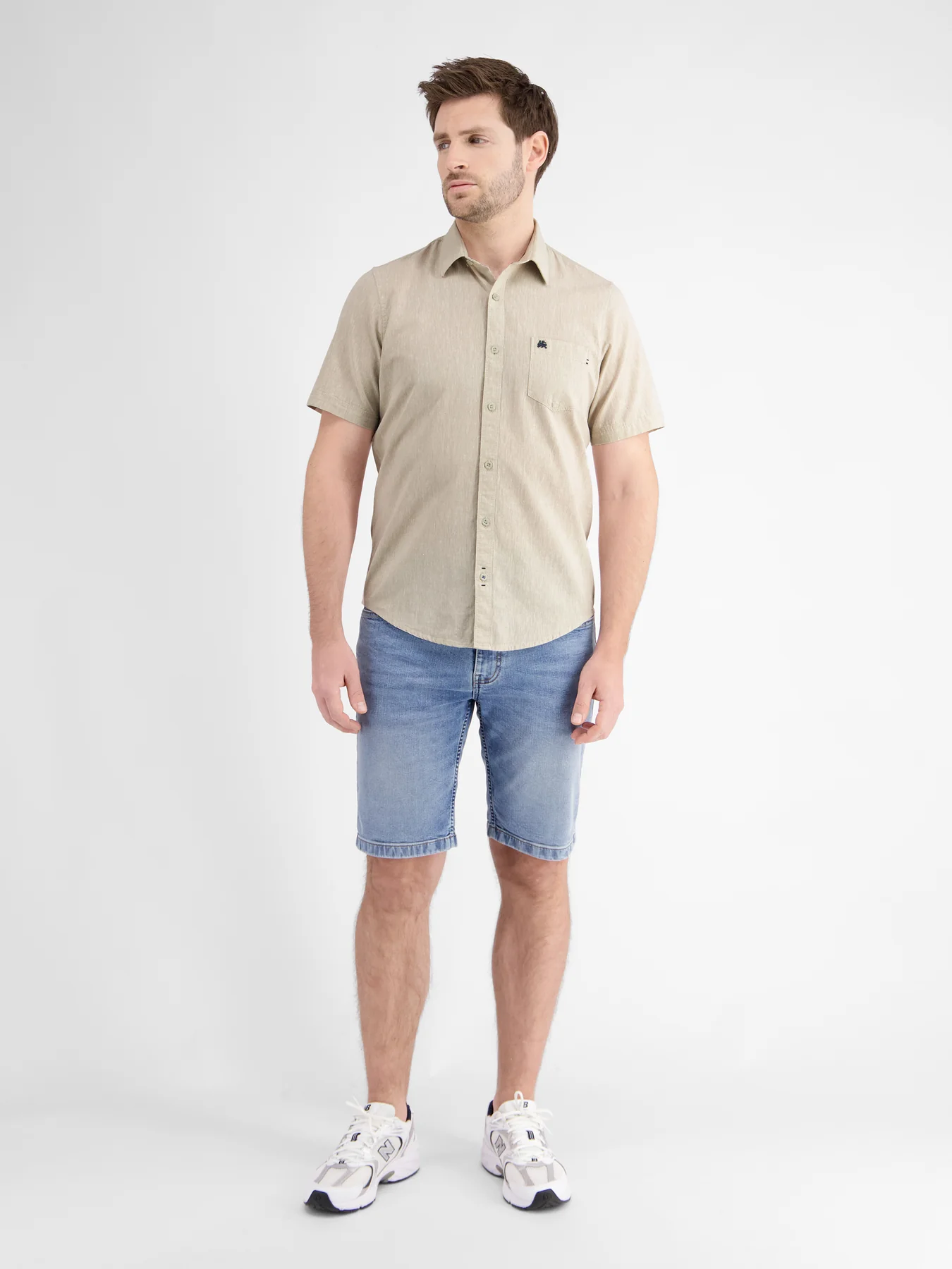 Lerros Katoen/Linnenmix Overhemd met Korte Mouw - Light Dune