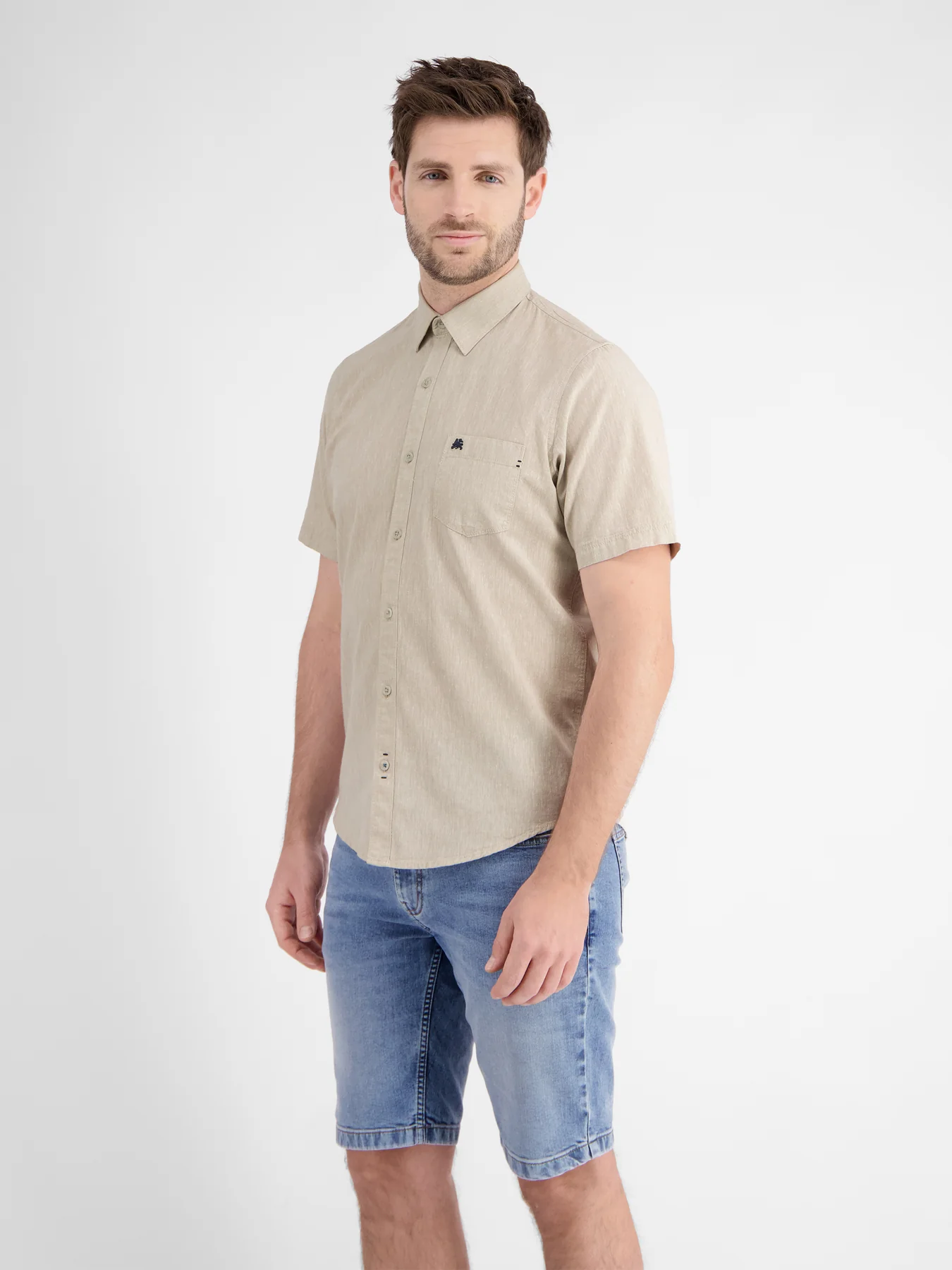 Lerros Katoen/Linnenmix Overhemd met Korte Mouw - Light Dune
