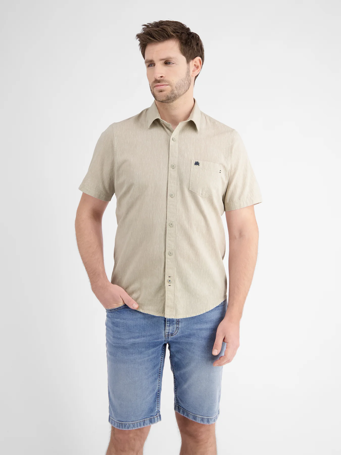 Lerros Katoen/Linnenmix Overhemd met Korte Mouw - Light Dune