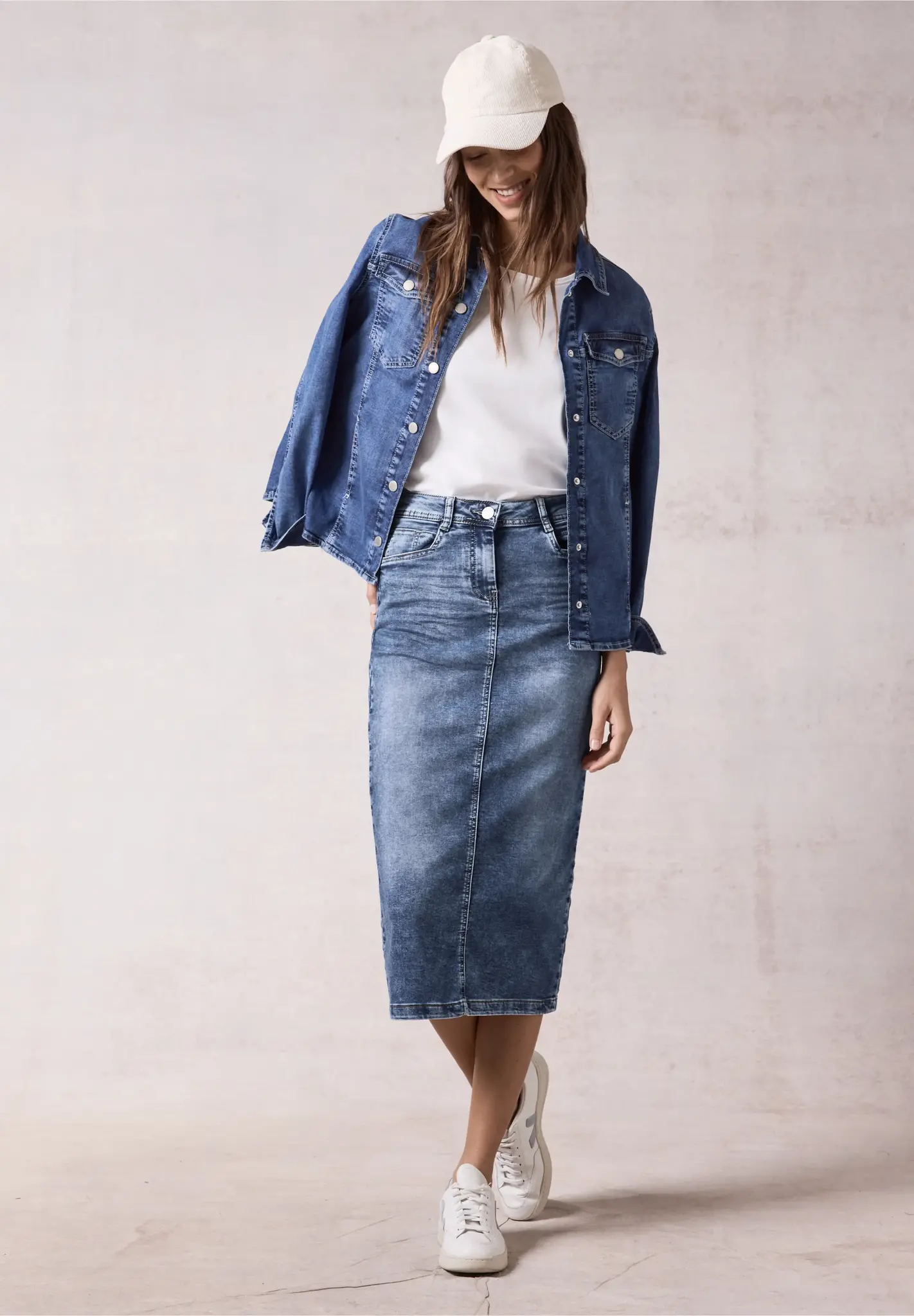 CECIL Midi Denim Skirt - Dark Blue Wash | - Cotton Blues