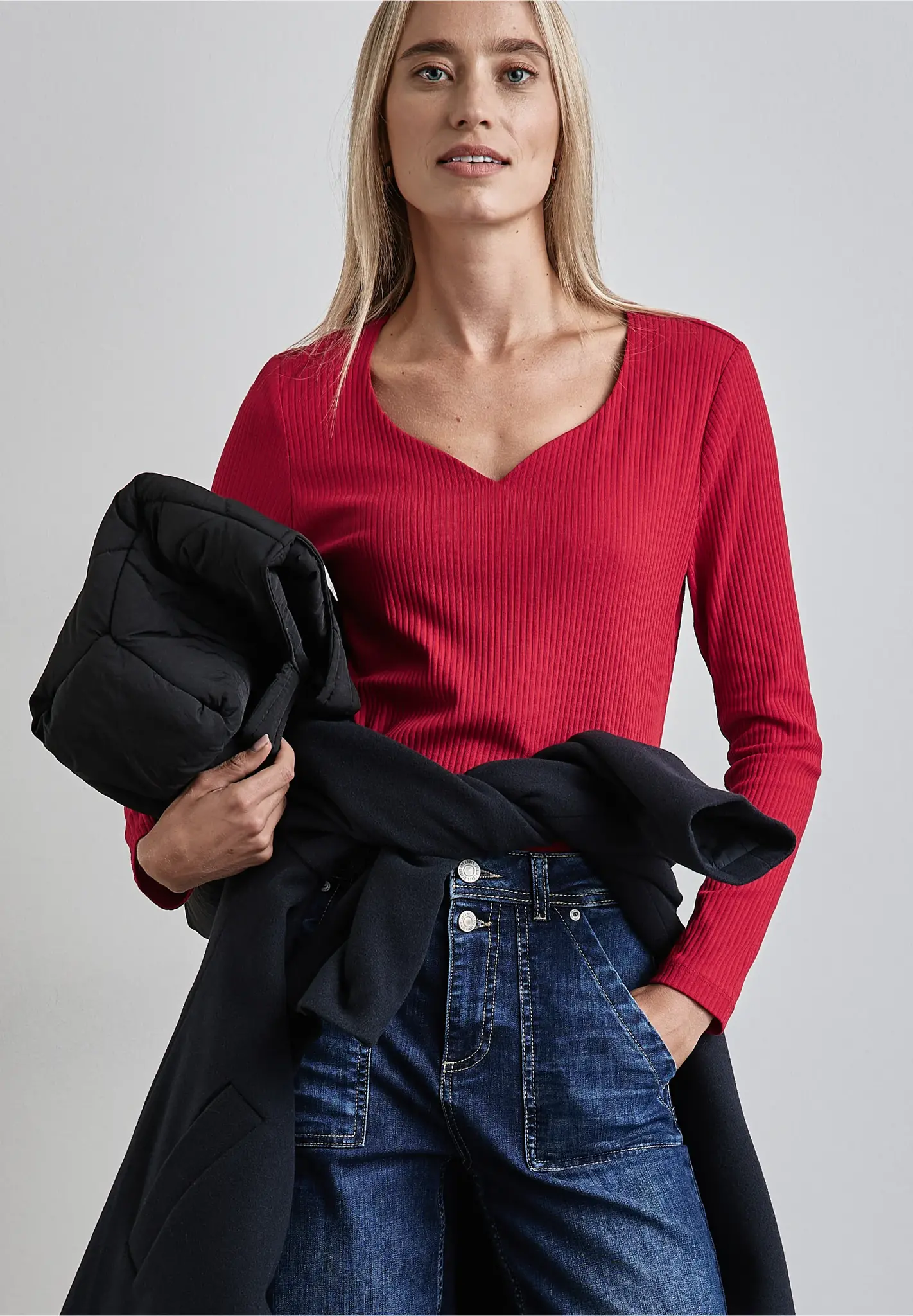 Street One Ripp-Shirt mit Herzausschnitt - Autumn Red