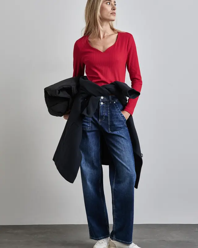 Street One Ripp-Shirt mit Herzausschnitt - Autumn Red