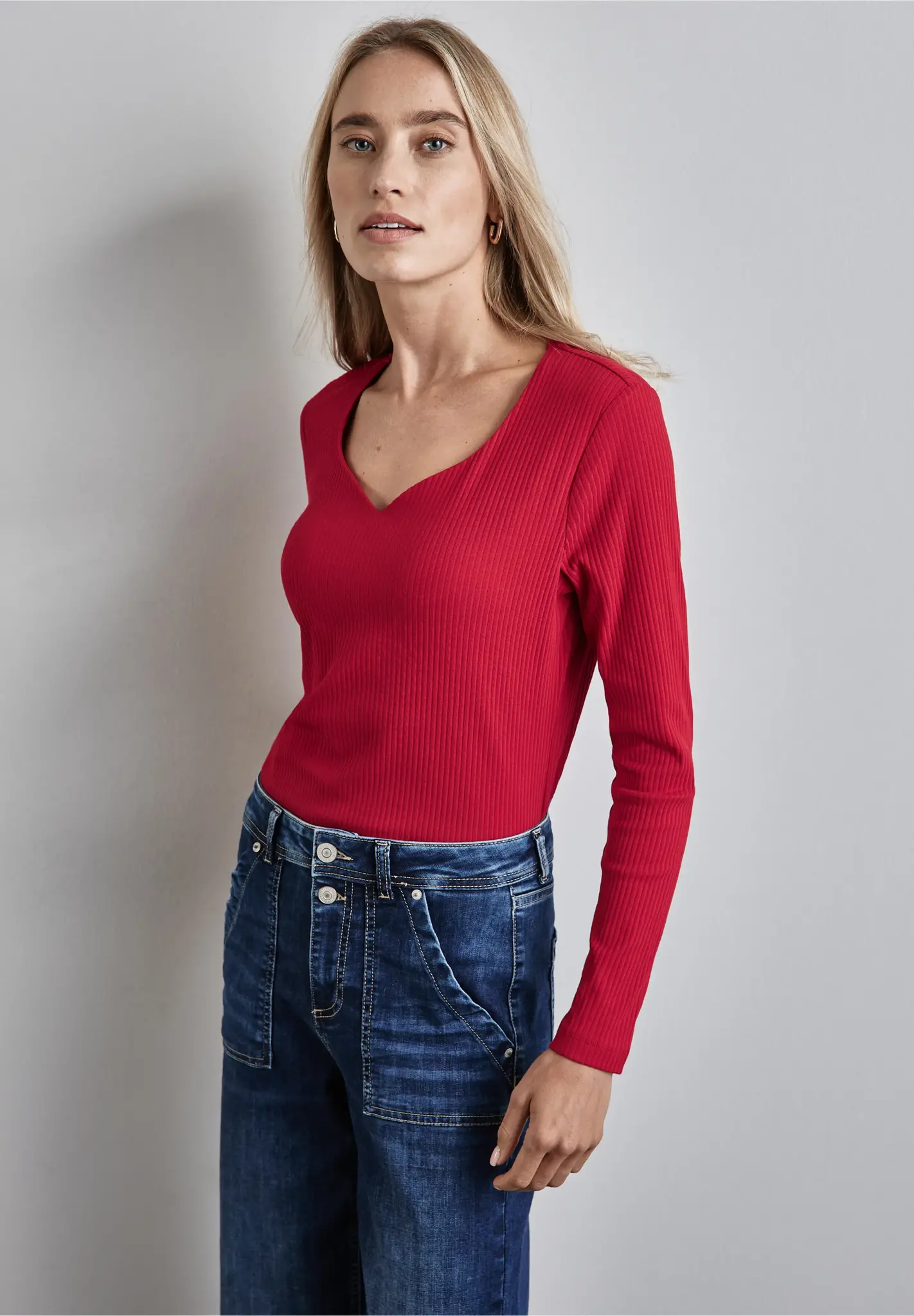 Street One Rib Shirt met Hartvormige Halslijn - Autumn Red