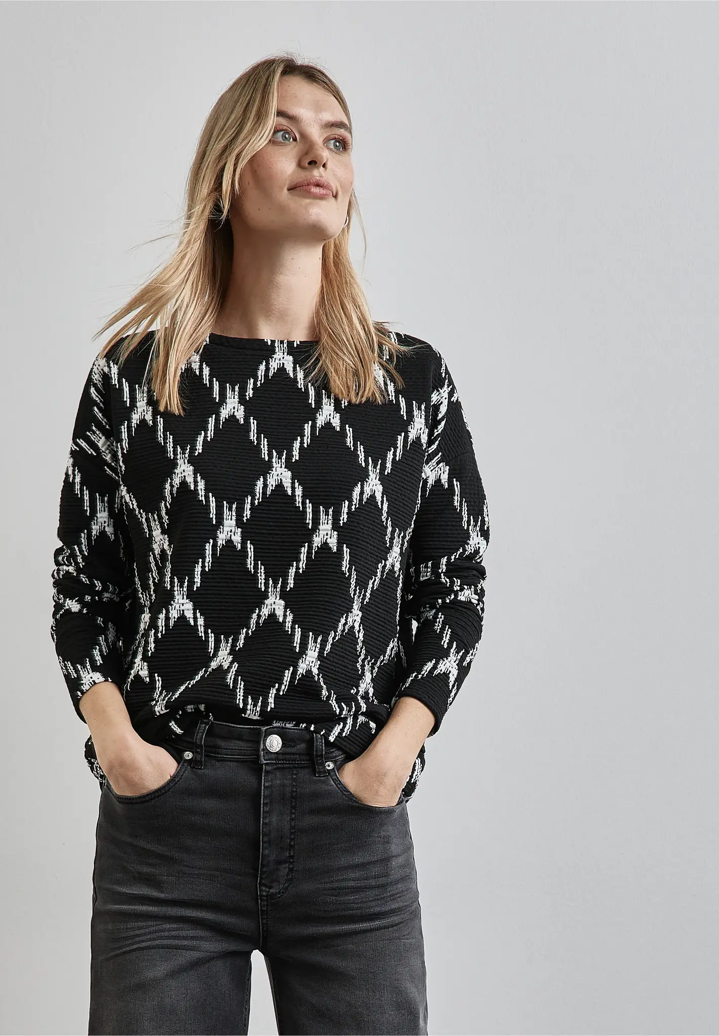 Street One Structuur Shirt met Ruit Patroon - Black