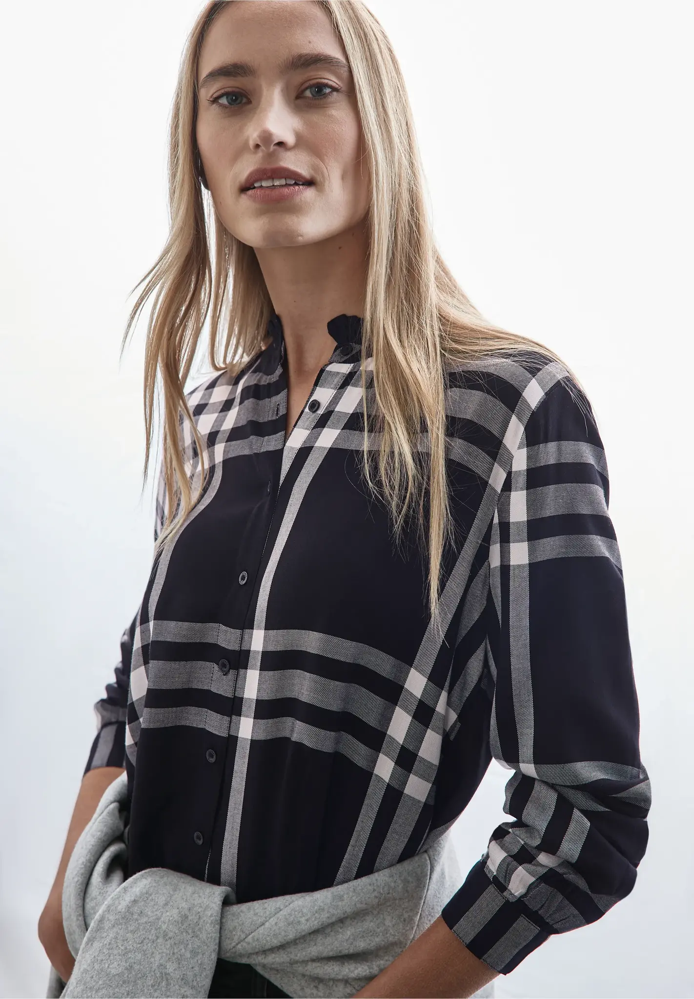 Street One Check Blouse with Fringes - Black