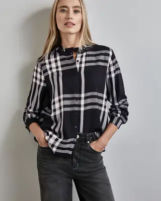 Street One Check Blouse with Fringes - Black