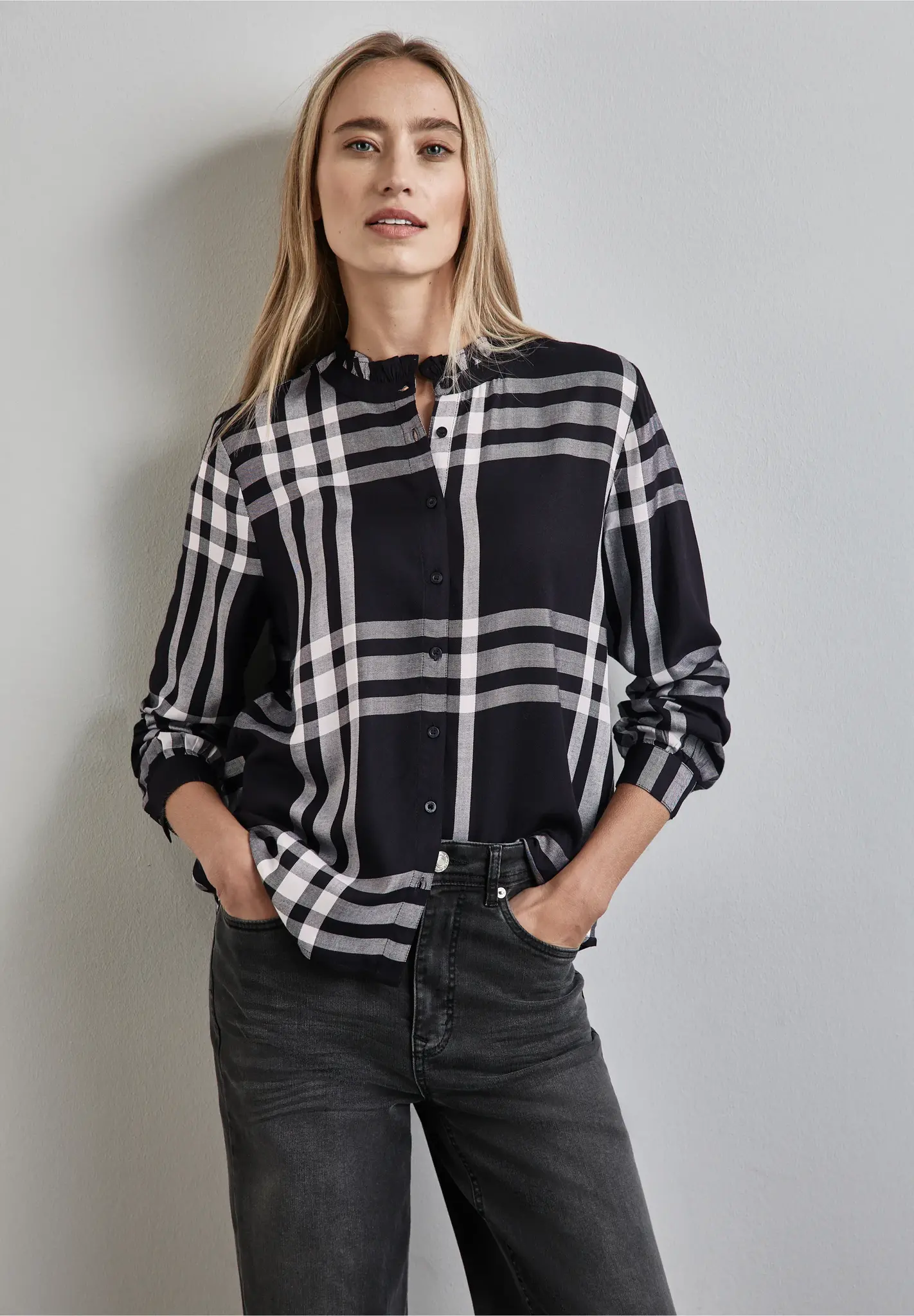 Street One Check Blouse with Fringes - Black