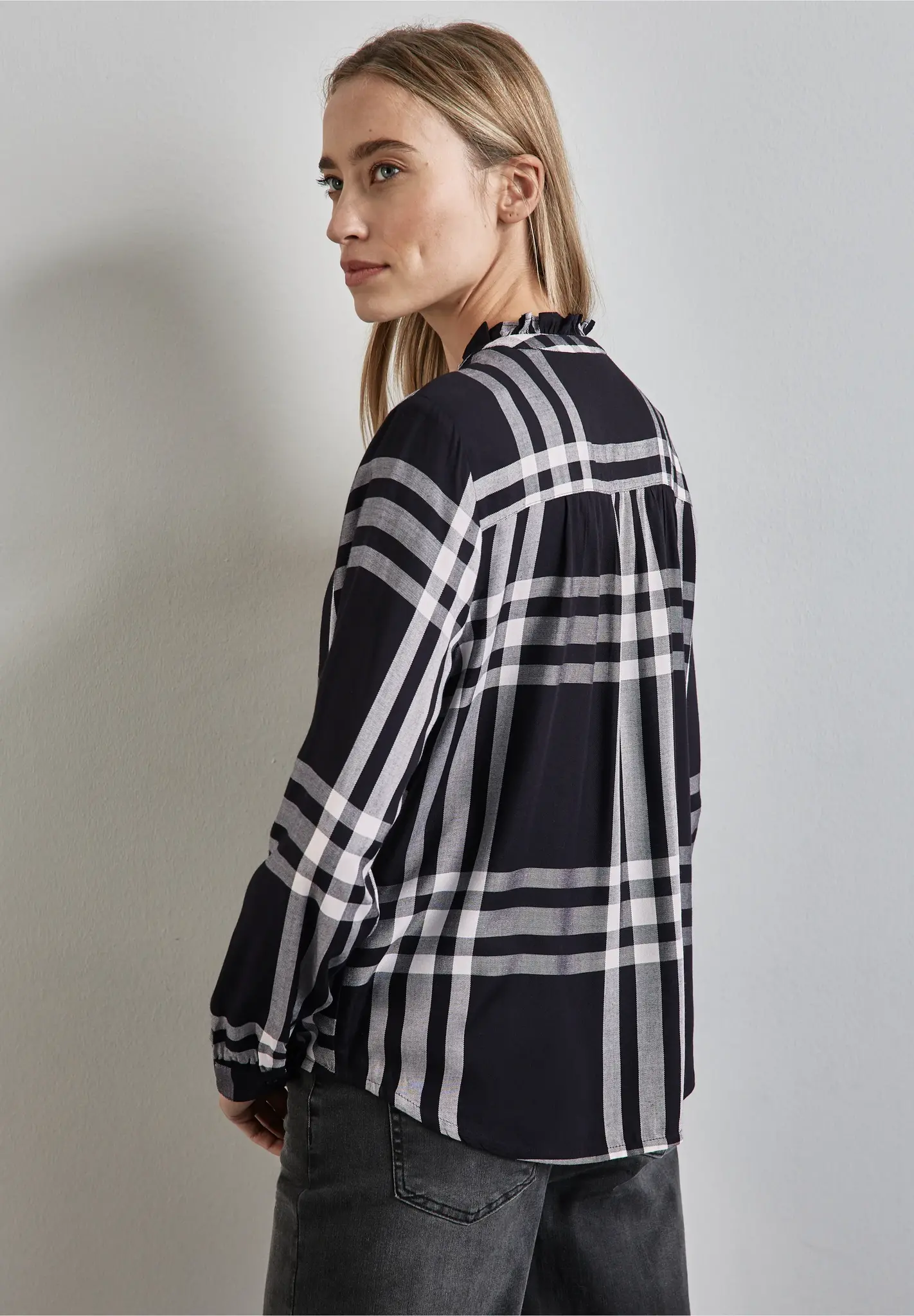 Street One Check Blouse with Fringes - Black