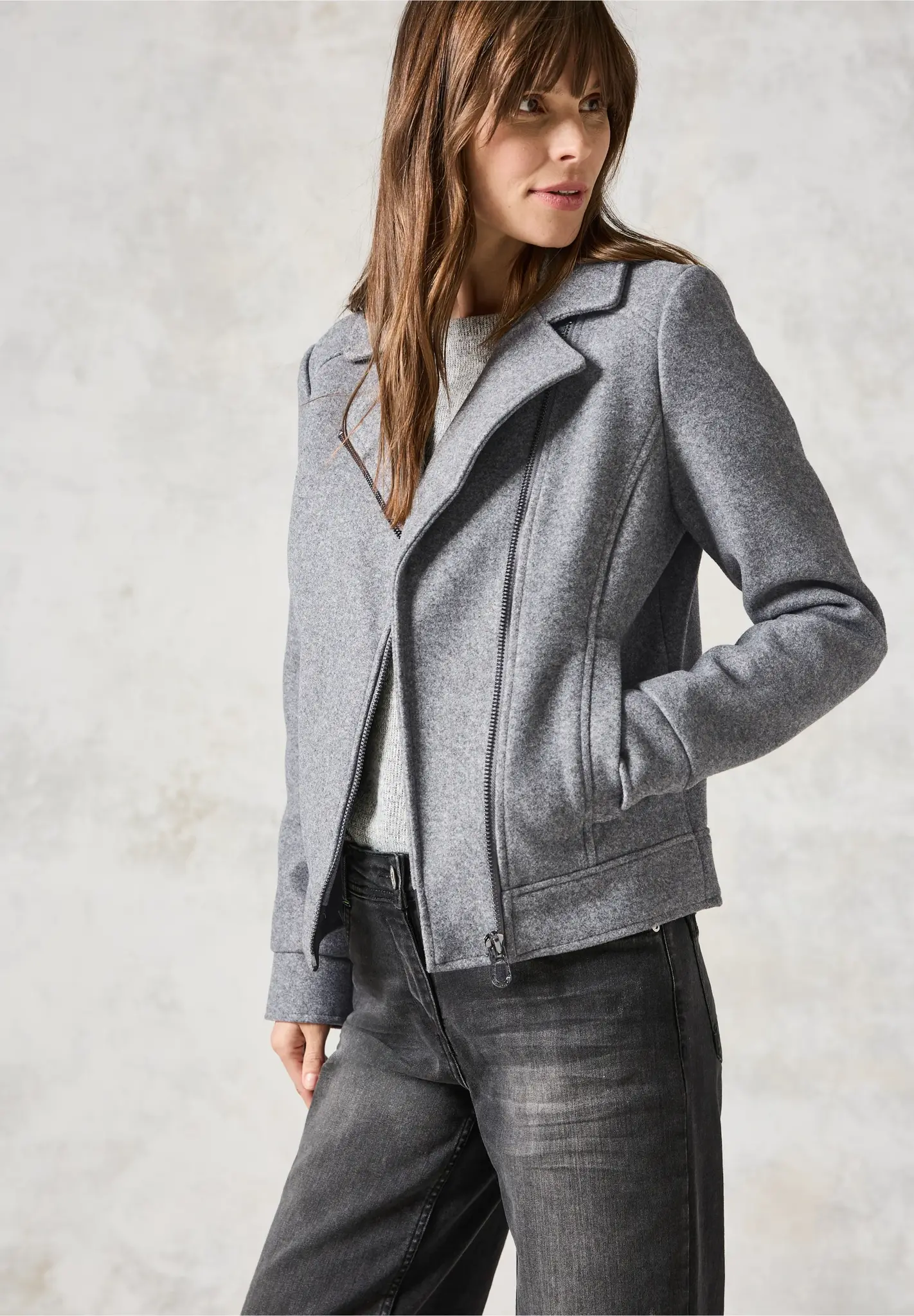 Cecil Bikerjacket in Wool Look - Platinum Grey Melange