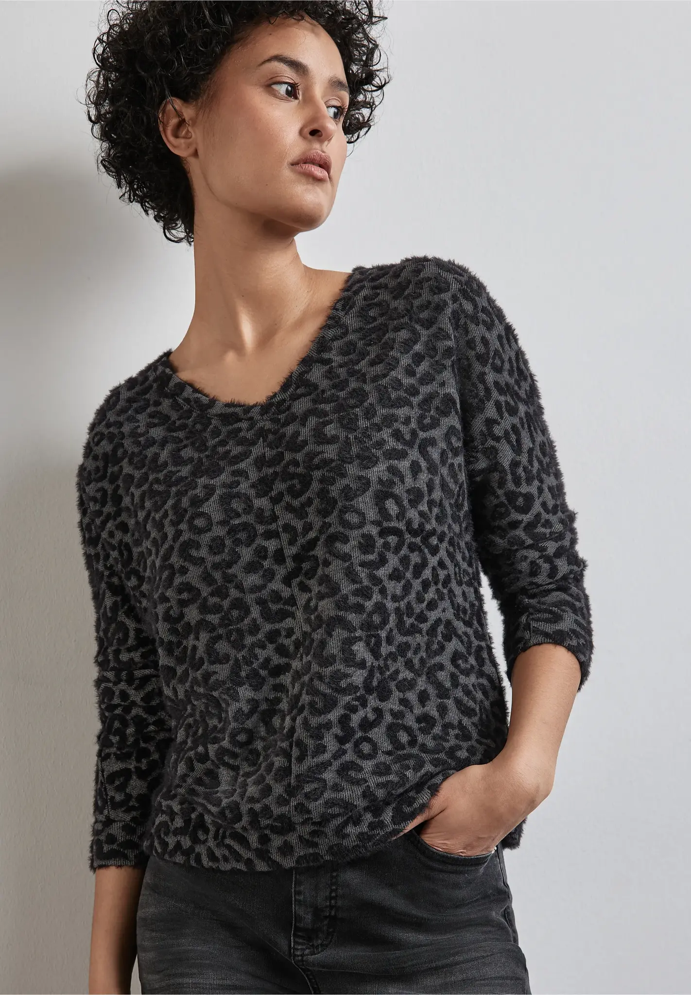 Street One Shirt with Leopard Print - Gravel Grey Melange