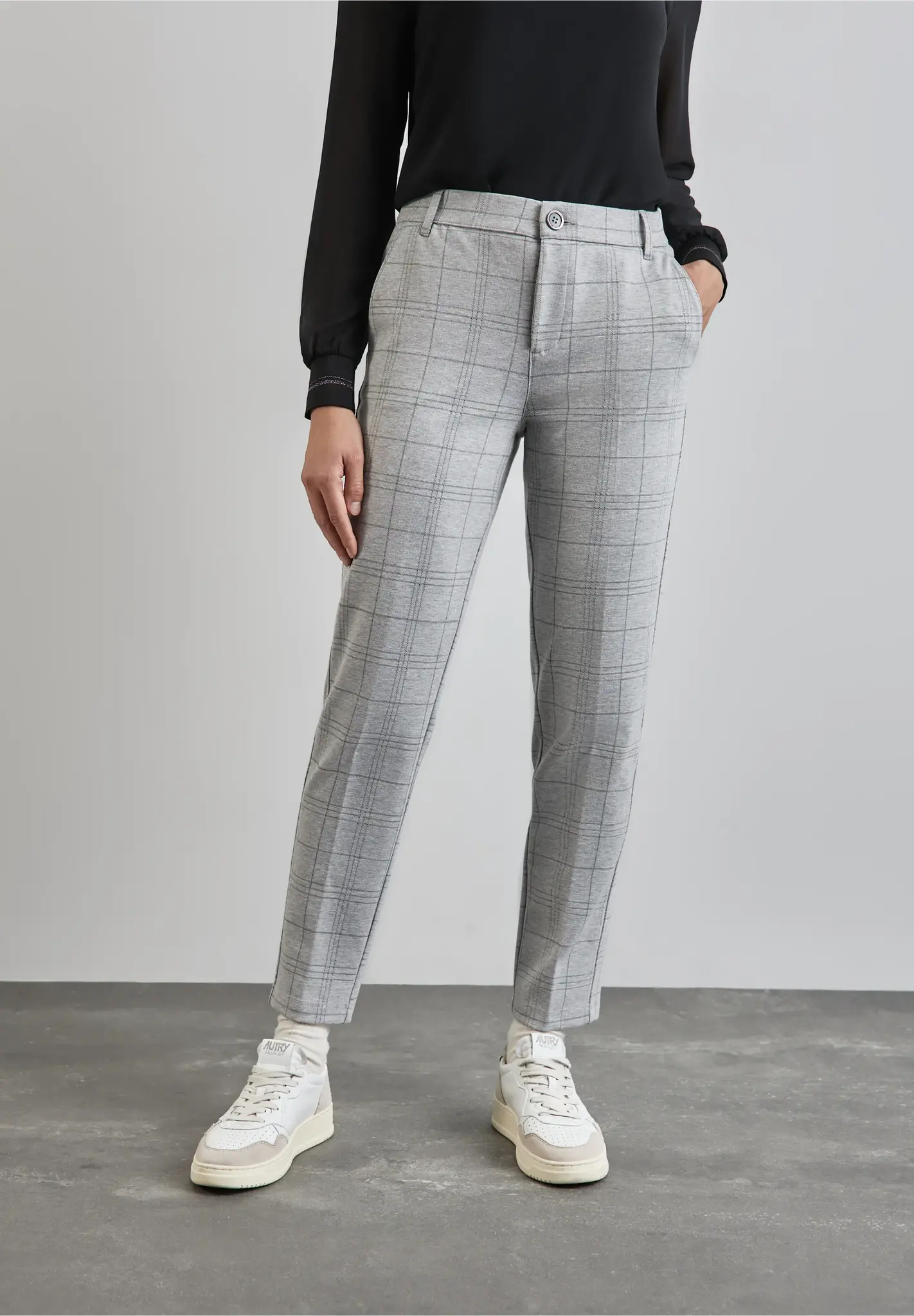 Street One Geruite Chino - Heather Grey Melange