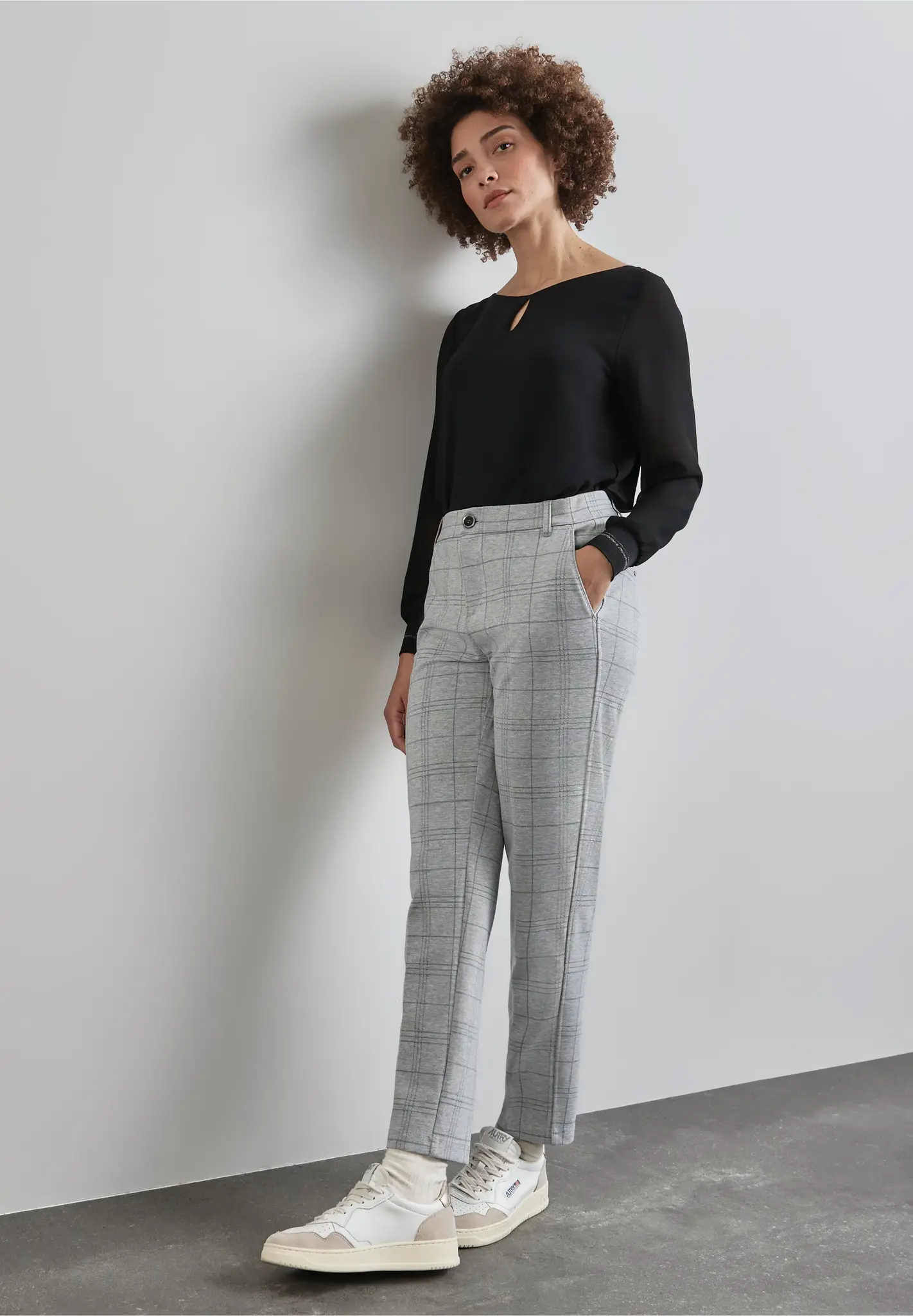 Street One Geruite Chino - Heather Grey Melange