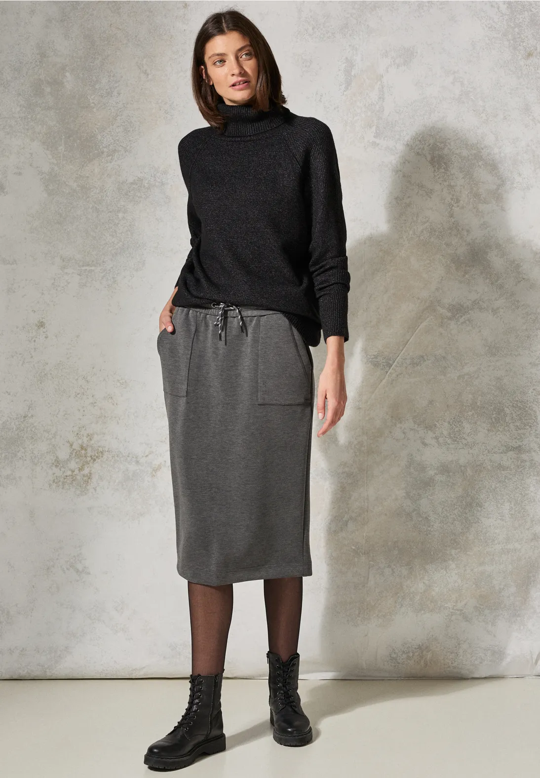 Cecil Midi Rok Zijden Touch - Flint Grey Melange