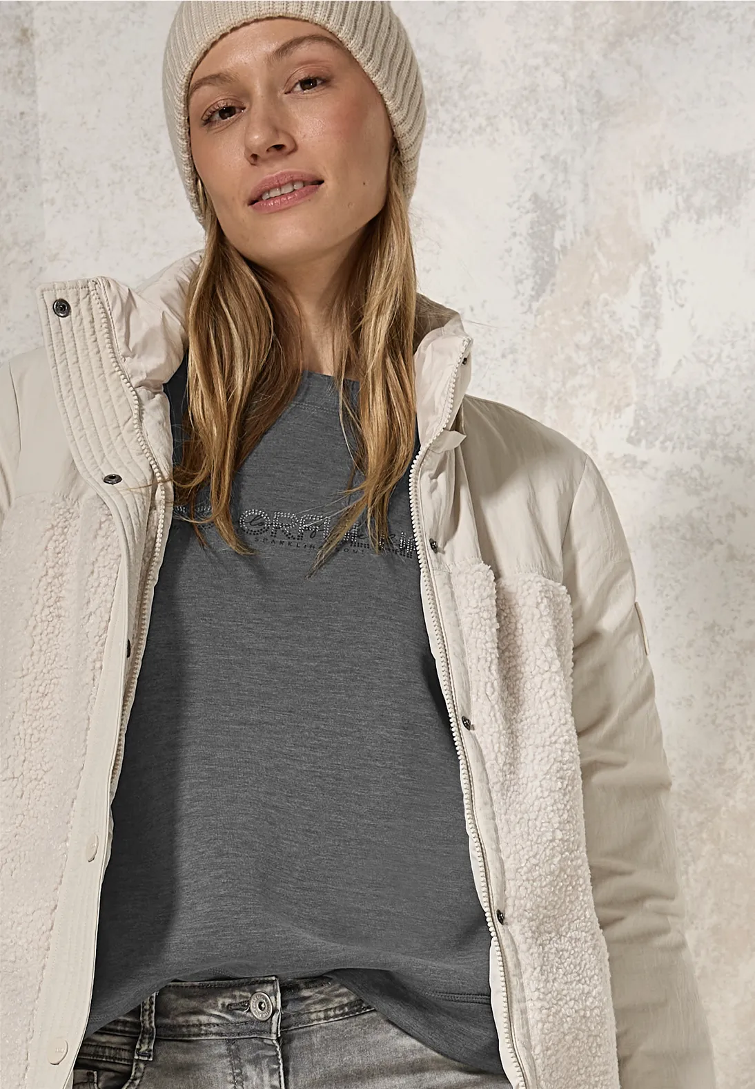 Cecil Silk-Look Sweater with Print - Flint Grey Melange