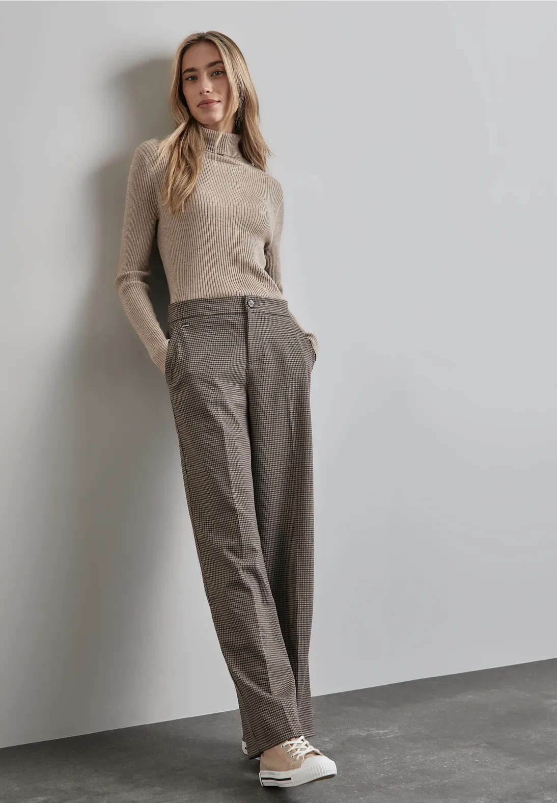 Street One Geruite Broek met Wijde Pijpen - Ashen Maple Beige