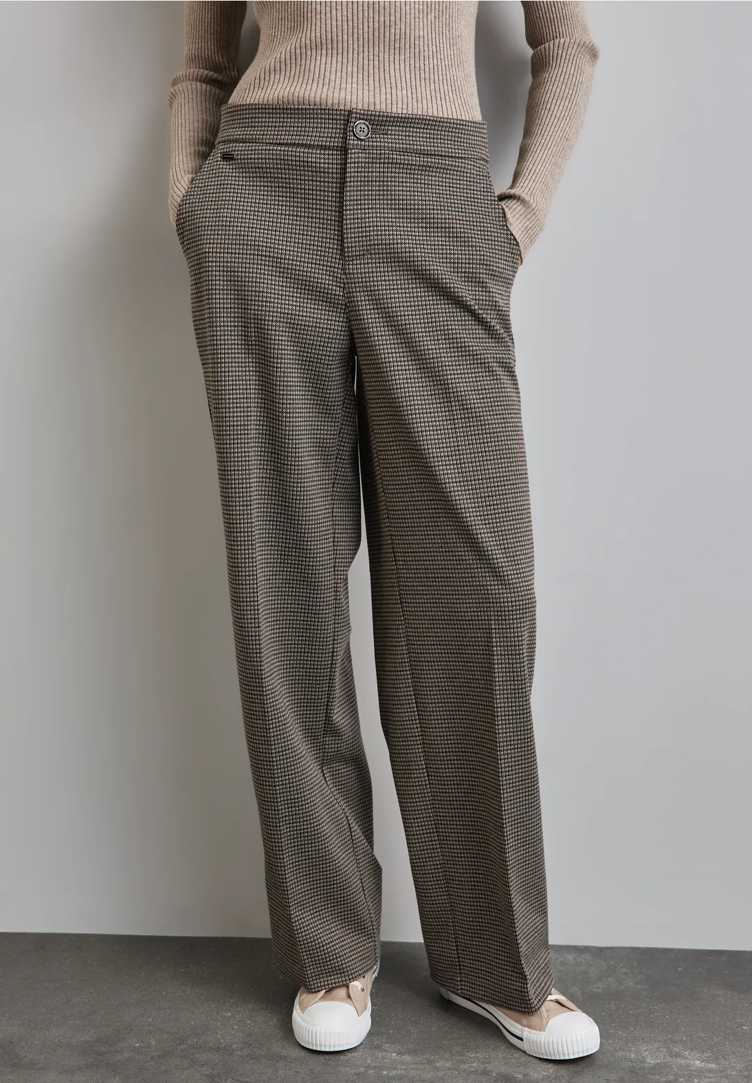 Street One Geruite Broek met Wijde Pijpen - Ashen Maple Beige